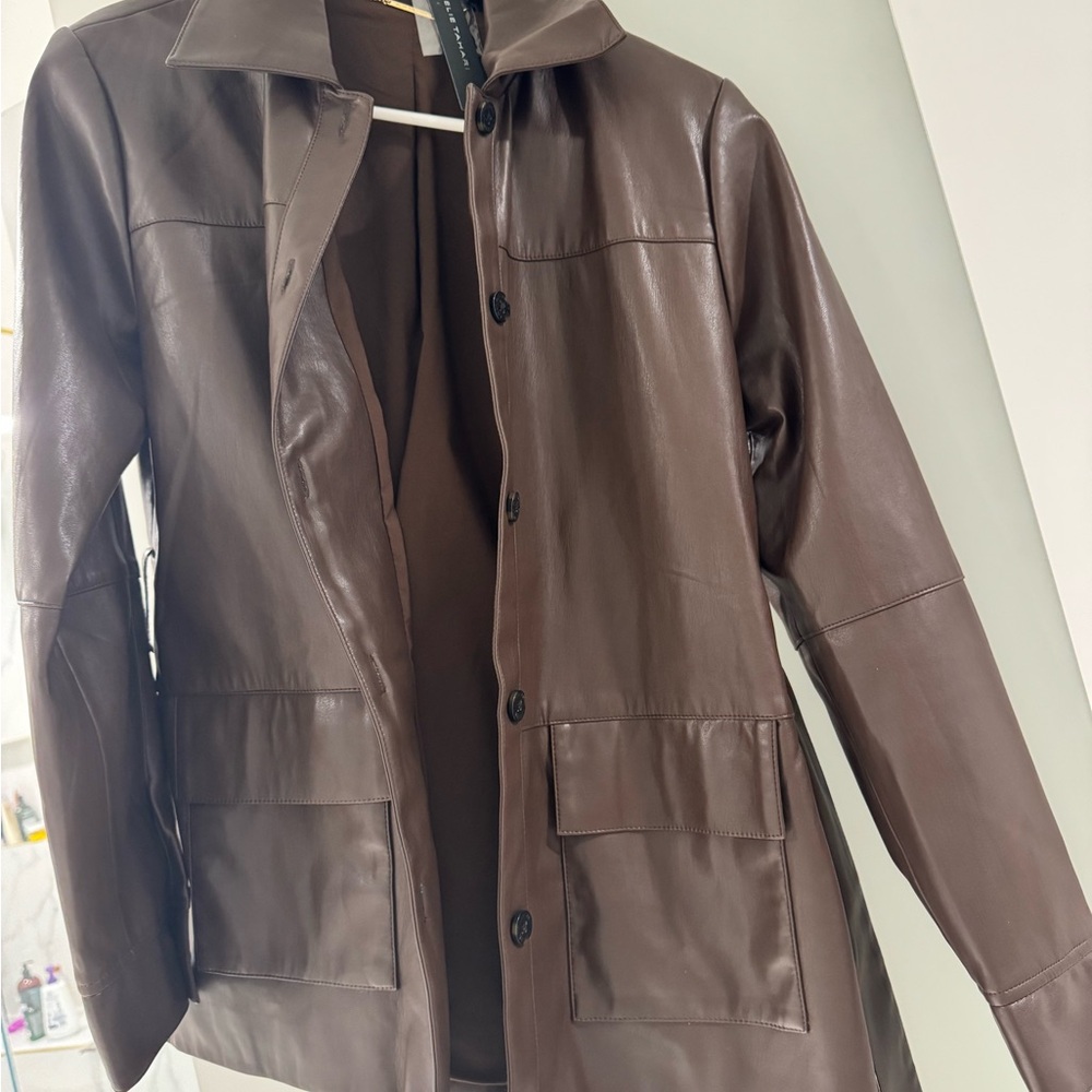 ELIE TAHARI
Belted Faux Leather Shirt Jacket Women's Brown vegan Jacket size xs - Picture 9 of 9